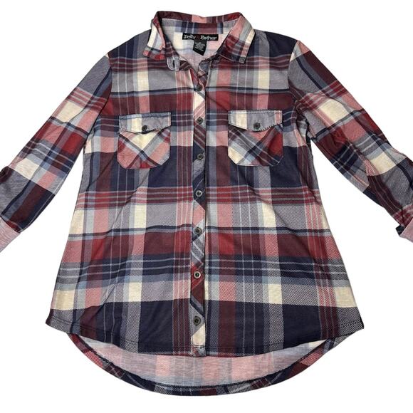 POLLY & ESTHER Blue Red Plaid Long Sleeve Button Down Shirt Medium - Picture 6 of 8